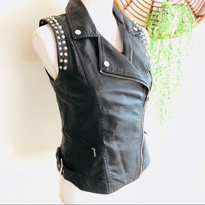 Faux vegan leather studded biker moto vest black s